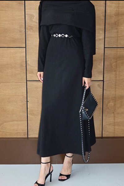 Safgiyim44 Shawl Collar Chain Belt Dress Black