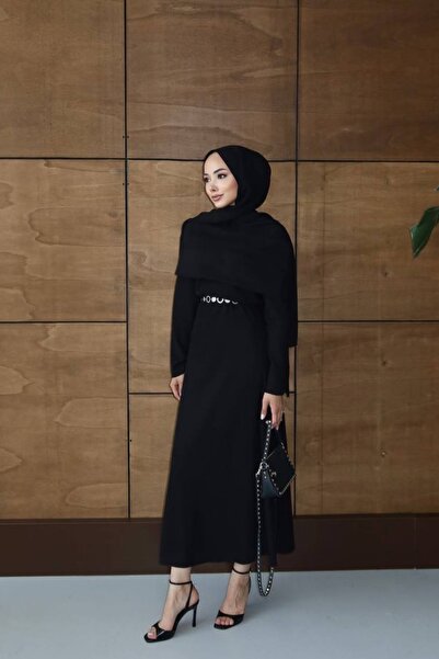 Safgiyim44 Shawl Collar Chain Belt Dress Black