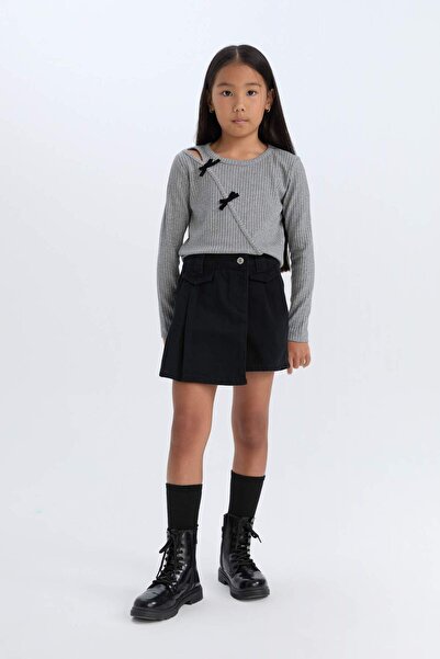 DeFacto Girls Slim Fit Slim Fit Crew Neck Bow Tie Ribbed Camisole Long Sleeve T-Shirt D5456A824Wn