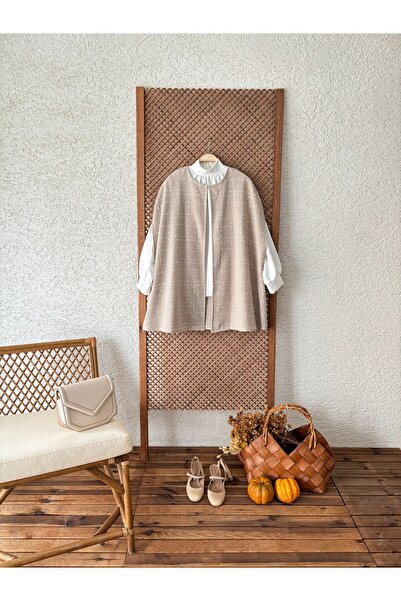 KÜÇÜĞÜM BUTİK Γυναικείο Oversize Μπεζ Tweed Poncho