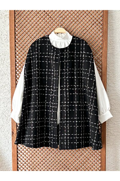 KÜÇÜĞÜM BUTİK Γυναικείο Tweed Poncho Oversize Μαύρο Χρώμα