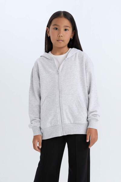 DeFacto Kız Çocuk Oversize Geniş Kalıp Kapüşonlu Basic Düz Fermuarlı Sweatshirt D8214A8NS