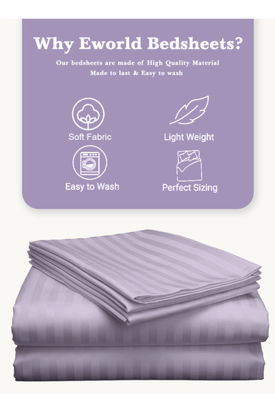 Eworld 3 Piece Lilac Striped Cotton Double Bed Sheet Set – Fitted Sheet & 2 Pillowcases