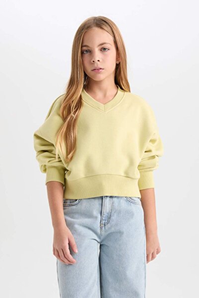 DeFacto Kız Çocuk Cropped Fit V Yaka Basic Düz Sweatshirt D7047A824WN