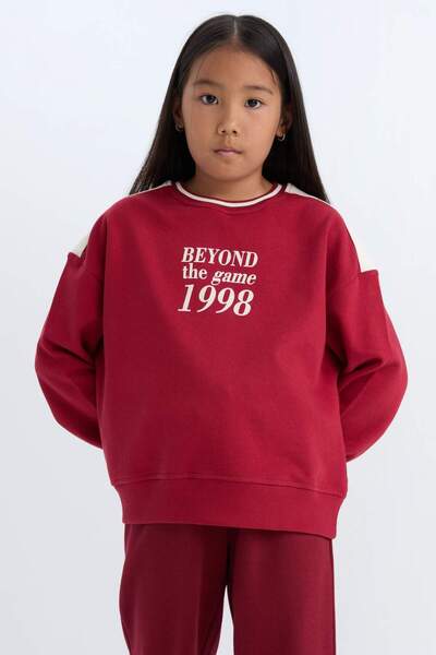 DeFacto Kız Çocuk Relax Fit Bisiklet Yaka Baskılı İçi Yumuşak Tüylü Okul Sweatshirt D4274A824WN
