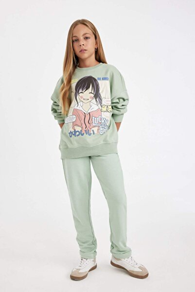 DeFacto Kız Çocuk Oversize Geniş Kalıp Bisiklet Yaka Baskılı Sweatshirt D2880A824WN