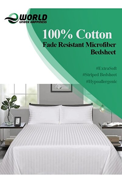 Eworld 3 Piece White Striped Cotton Single Bed Sheet Set – Fitted Sheet & 2 Pillowcases