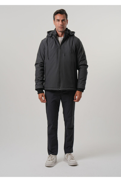 PIQUE Men's Black Coat with Print Detail Quilted Lined Softshell Coat