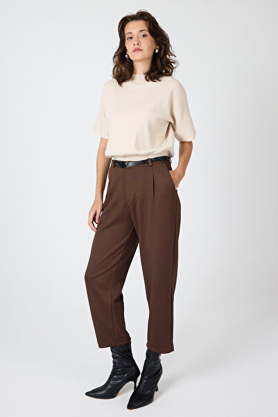 Rays Brown Pleated Belted Women's Fabric Trousers 8120A