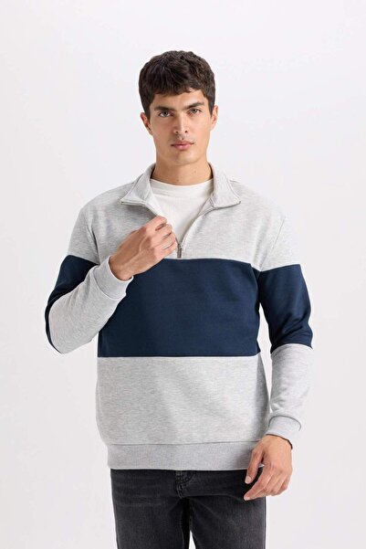 DeFacto Comfort Regular Fit Rahat Kalıp Dik Yaka Fermuarlı Çizgili Kalın Sweatshirt D2401AX24AU