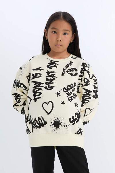 DeFacto Girl's 2-Piece Set Patterned Sweatshirt Elastic Waist Sweatpants D4871A824Wn