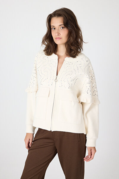 Rays 6890 Yaka Detay Bütük Cep Hırka Krem