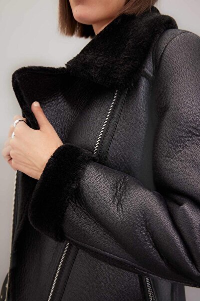 DeFacto Plush Lined Zip-Up Double Breasted Lapel Coat - Pocket and Belt, Seasonal C9672Ax24Wn