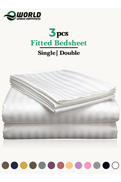 Eworld 3 Piece White Striped Cotton Single Bed Sheet Set – Fitted Sheet & 2 Pillowcases