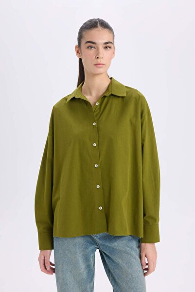 DeFacto Oversize Geniş Kalıp Poplin Basic Düz Uzun Kollu Gömlek E2677AX24WN