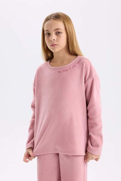 DeFacto Girl's Pajama Set - Plush Long Sleeve, Elastic Waist, Wide Leg A9859A824Wn