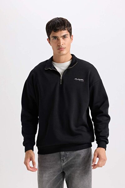 DeFacto Boxy Fit Dik Yaka Yarım Fermuarlı Baskılı Sweatshirt D2694AX24AU
