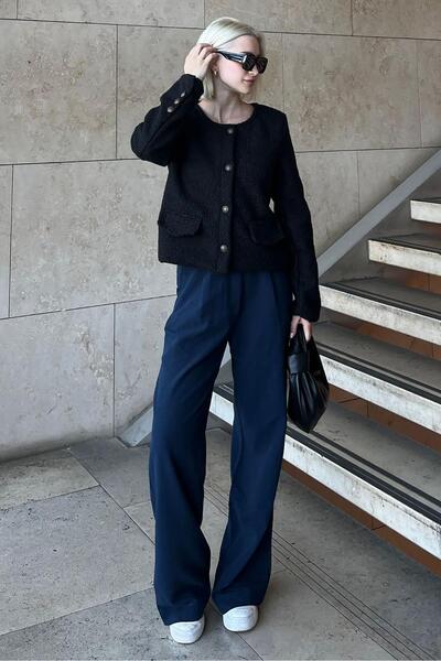 Madmext Siyah Düğmeli Buklet Triko Cep Detaylı Ceket MG2170