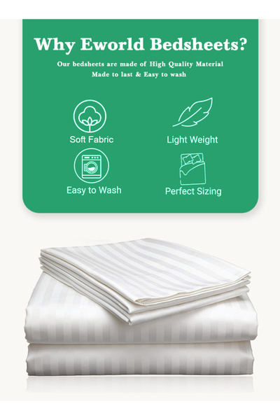 Eworld 3 Piece White Striped Cotton Double Bed Sheet Set – Fitted Sheet & 2 Pillowcases