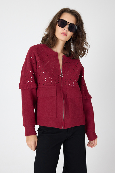 Rays 6890 Yaka Detay Bütük Cep Hırka Bordo