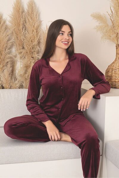 Asel Boydan Düğmeli Kadın Kadife Pijama Takımı