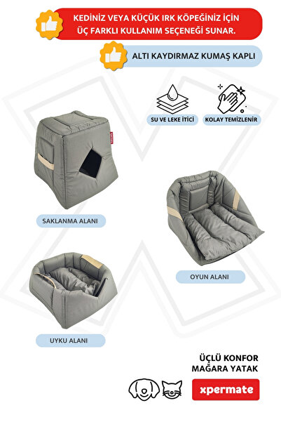 XPERMATE Kedi Evi Kedi Yuvası Küçük Irk Köpek Evi Kedi Mağara Kedi Yatağı Antrasit 3fonksıyonlu