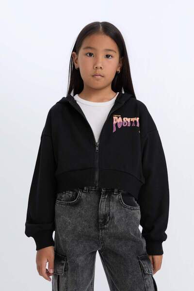 DeFacto Суичър с качулка и щампи за момиче с мек косъм и цип D1569A824Wn