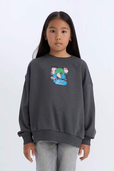 DeFacto Kız Çocuk Relax Fit Bisiklet Yaka Baskılı Sweatshirt D6495A8NS