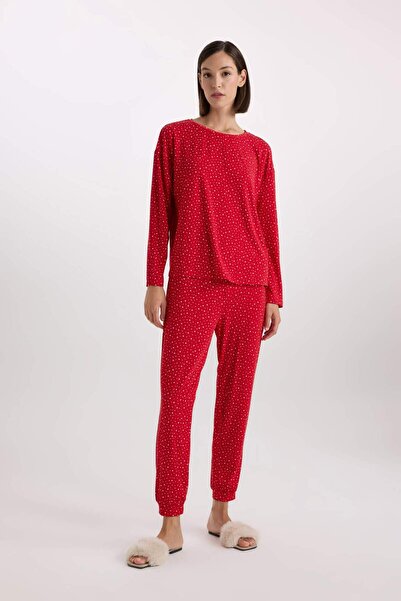 DeFacto Fall in Love Pijama Takımı Softshell Uzun Kollu Üst Beli Lastikli Uzun Alt D9183AX24WN