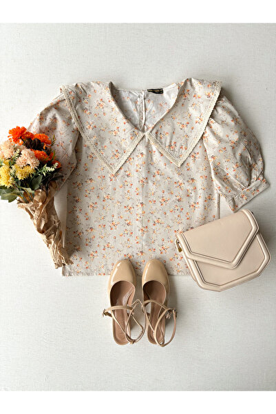 KÜÇÜĞÜM BUTİK Μπλούζα ποπλίνα με μεγάλο γιακά σε γκρι χρώμα