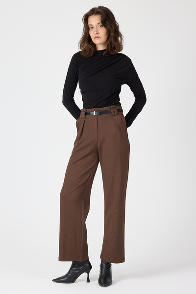 Rays Kahve Pileli Kemerli Kadın Kumaş Pantolon 8119A
