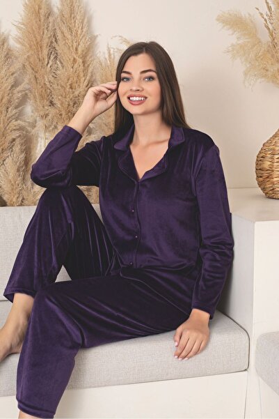Asel Boydan Düğmeli Kadın Kadife Pijama Takımı