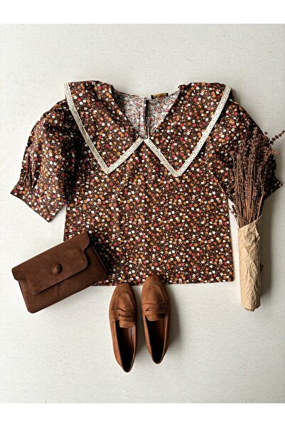 KÜÇÜĞÜM BUTİK Καφέ φλοράλ στάμπα μπλούζα ποπλίνα με μεγάλο γιακά