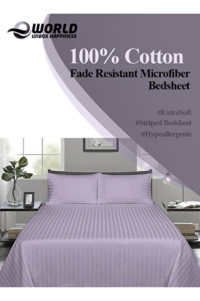 Eworld 3 Piece Lilac Striped Cotton Single Bed Sheet Set – Fitted Sheet & 2 Pillowcases