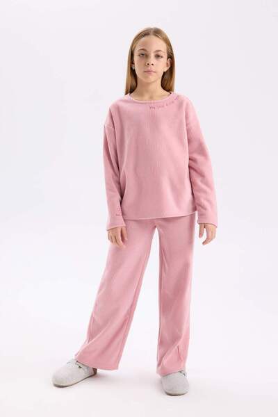 DeFacto Girl's Pajama Set - Plush Long Sleeve, Elastic Waist, Wide Leg A9859A824Wn