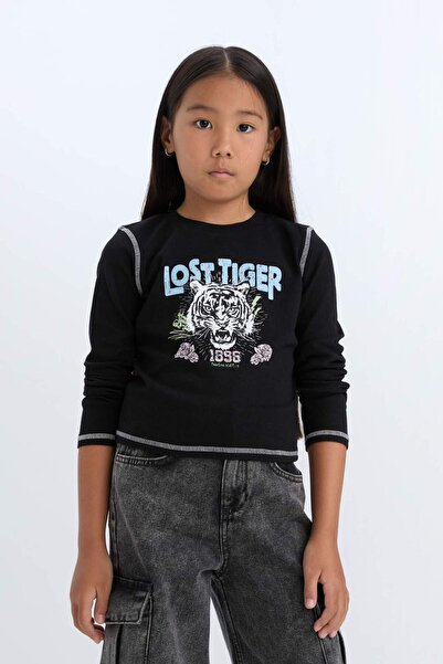 DeFacto Mädchen-Crop-T-Shirt mit Rundhalsausschnitt, bedruckt, gerippt, langä...