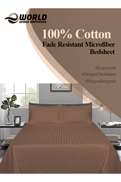 Eworld 3 Piece Brown Striped Cotton Double Bed Sheet Set – Fitted Sheet & 2 Pillowcases