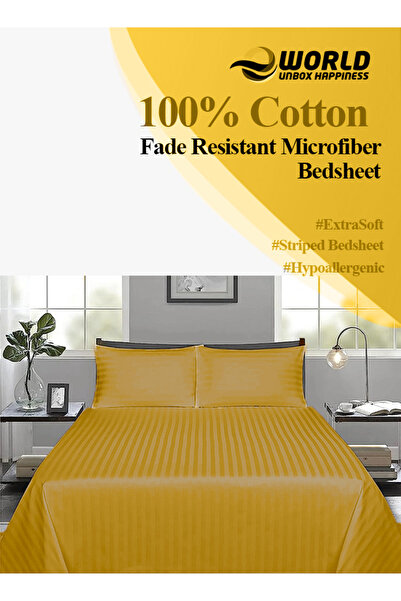 Eworld 3 Piece Gold Striped Cotton Single Bed Sheet Set – Fitted Sheet & 2 Pillowcases
