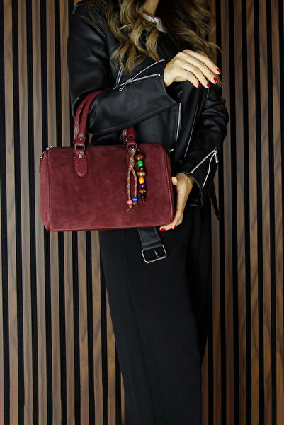 Erkan Saçmacı Burgundy Genuine Cowhide Suede Daily Large Size Shoulder Bag with Zippered Inner Pocket and Beaded Accessories