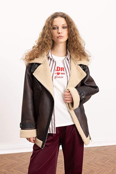 DeFacto Relax Fit plyšový kabát s podšívkou Dvouřadý límec se zipem a páskem C9465AX24WN