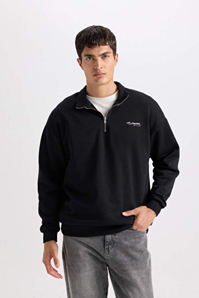 DeFacto Boxy Fit Dik Yaka Yarım Fermuarlı Baskılı Sweatshirt D2694AX24AU