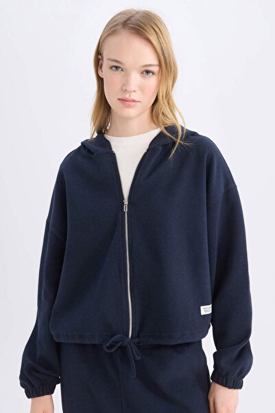 DeFacto Coool Loose Fit Basic Düz Kapüşonlu Fermuarlı Sweatshirt  E1464AX24WN