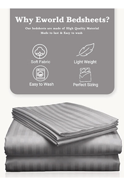 Eworld 3 Piece Gray Striped Cotton Single Bed Sheet Set – Fitted Sheet & 2 Pillowcases