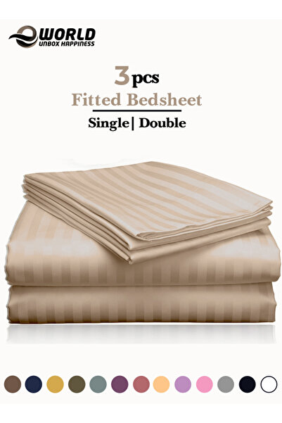 Eworld 3 Piece Cream Striped Cotton Double Bed Sheet Set – Fitted Sheet & 2 Pillowcases