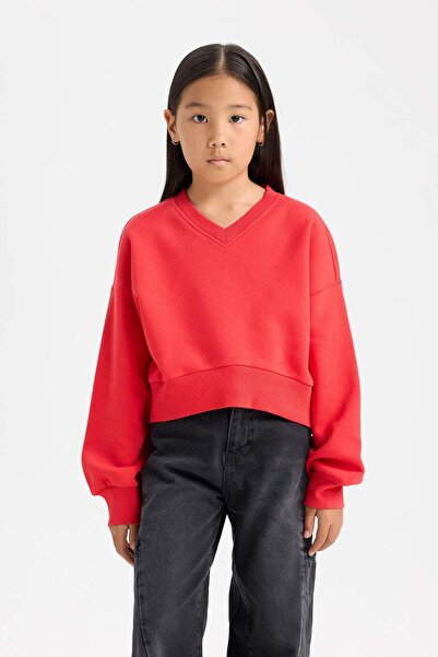 DeFacto Kız Çocuk Cropped Fit V Yaka Basic Düz Sweatshirt D7047A824WN