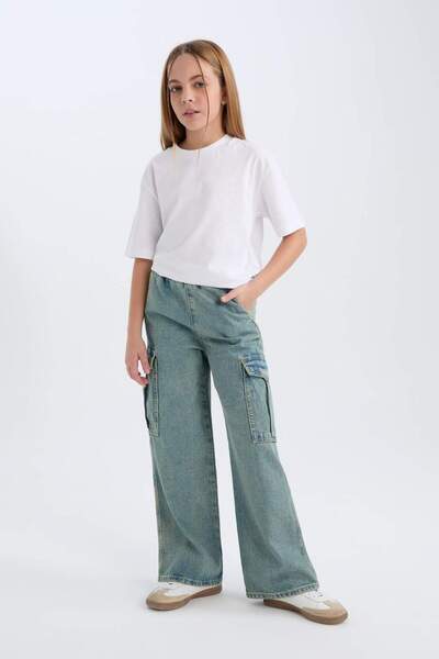DeFacto Pantaloni de jeans pentru fete, cu buzunare cargo, cu picioare late 3163943