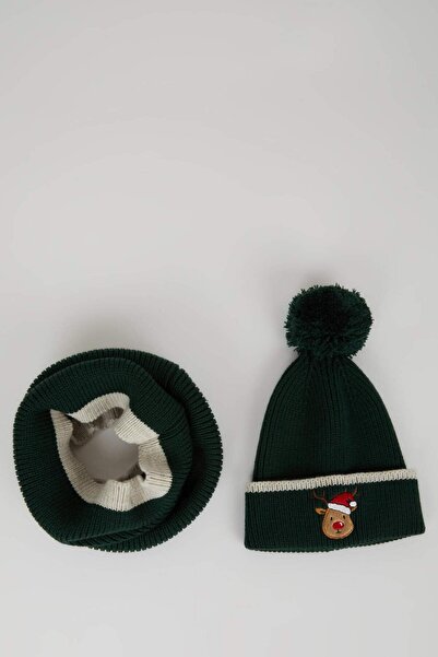 DeFacto Boy's New Year's Themed 2-Piece Knitwear Scarf Beanie D1976A824Wn