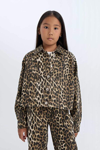 DeFacto Риза от габардин с дълъг ръкав и копчета за момиче с леопардов принт E2773A824Wn