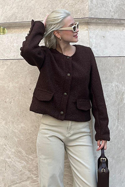 Madmext Плетено яке букле - кафяво, с копчета, джоб - MG2170