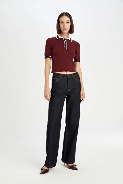 DeFacto Regular Fit Button Polo Neck Short Sleeve Burgundy Knitwear Sweater D4233Ax24Au